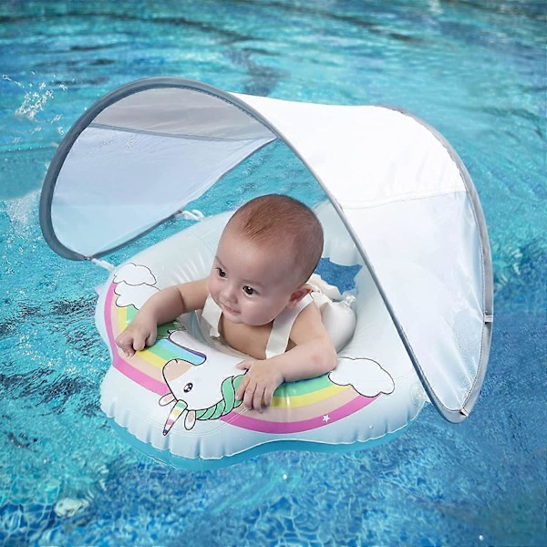 Baby Pool Float Oppustelig Enhjørning Småbørn Afslappende Svømme Float Nyeste med Aftagelig Solbeskyttelse Kaleche Pool Legetøj til Alder 3-36 Måneder [HK]