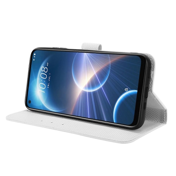Til HTC Desire 22 Pro 5G Stødsikker Telefon Flip Wallet Etui Skridsikkert Greb Diamanttekstur PU Læder Cover Stativ Kortholder med Håndledsrem[HK] White