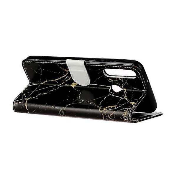 Huawei Y6p -puhelimelle värillinen marmorikuvioinen vaakasuuntainen PU-nahkainen suojakotelo [HK] Black Gold Marble