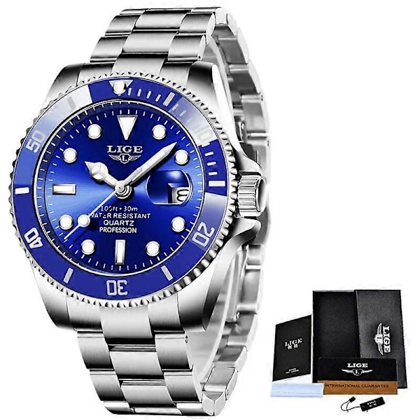 LIGE Toppmärke Lyx Mode Dykarklocka Herr 3ATM Vattentät Datumklocka Sportklockor Herr Quartz Armbandsur Relogio Masculino[HK] Silver blue