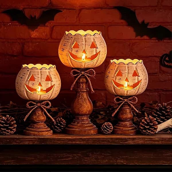 3 stk rustikk hvit gresskar telysholder sett for gårdshus Halloween høst Thanksgiving fest bord midtpunkt [HK]