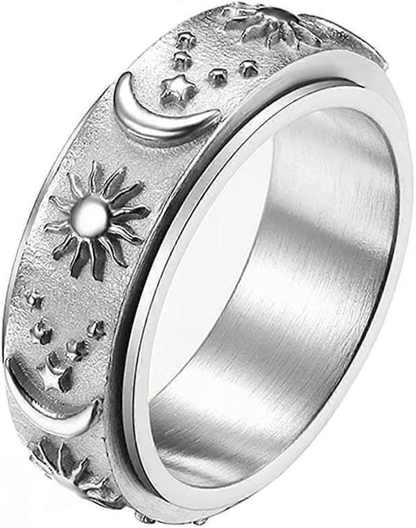 Heytea rustfrit stål spinnerring til angst Fidget-ringe til at lindre stress Angstring Sol Måne Stjerner Forlovelsesring Størrelse 6[HK]