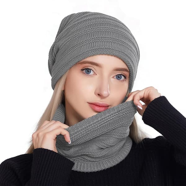 Varm kabelstickad vintermössa med halsvärmare, XL, 100 % merinoull[HK] Light Grey
