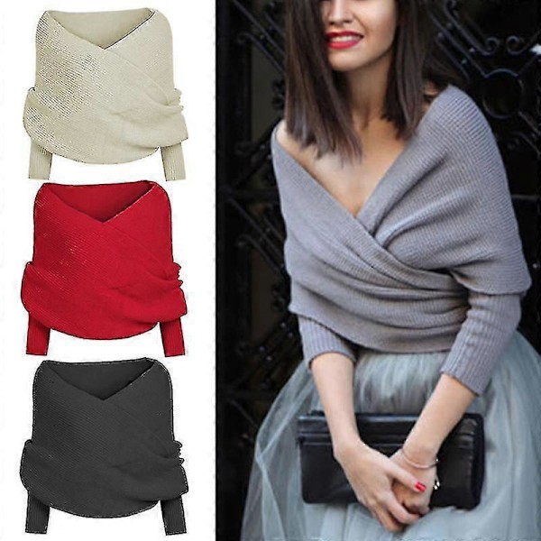 Dame Strikket Sweater Toppe Tørklæde Med Ærme Wrap Vinter Varmt Sjal Tørklæder[HK] DARK GREY
