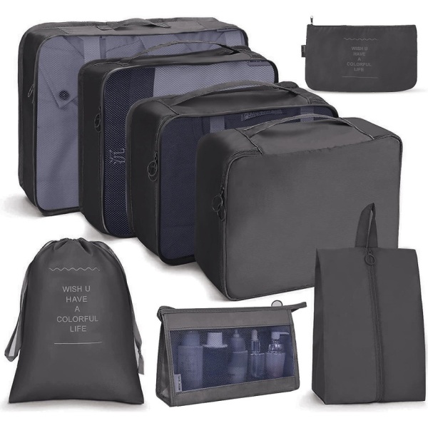 Eono 8 kpl pakkauskuutiot matkalaukkuihin Kevyet matkatavarapakkauksen järjestäjät Pakkauskuutiot matkatarvikkeisiin - beige[HK] Black