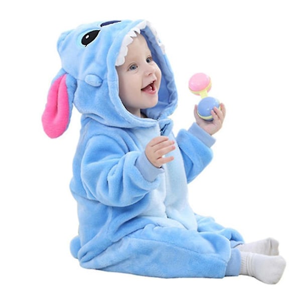 Bran Unisex Baby Romper Cute Warm Stitch Animal Long Sleeves Zipper Thickened Fleece Autumn Winter Children's Clothing[HK] blue 80cm