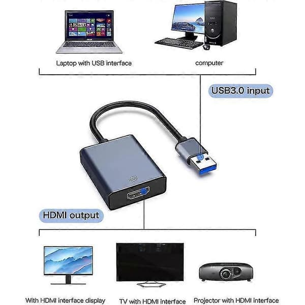 USB til HDMI-adapter, USB 3.0 til HDMI for flere skjermer 1080p høy kvalitet [HK] Black