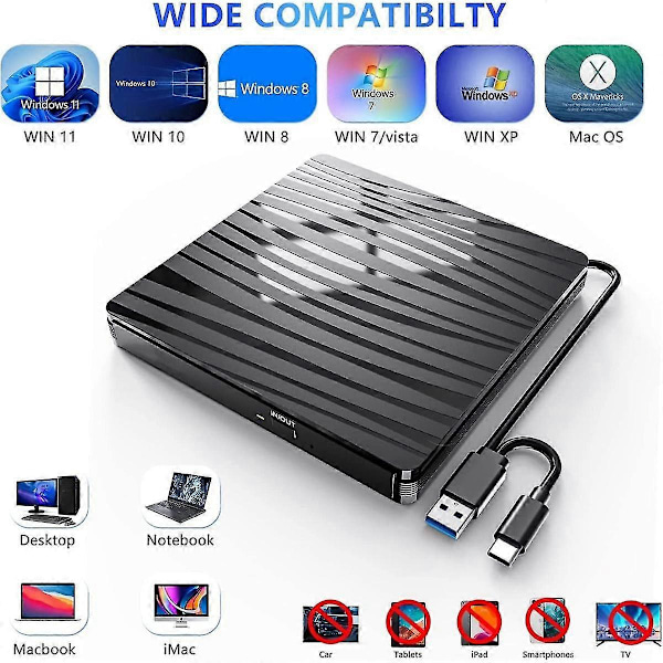 Ekstern Cd/dvd-drev til bærbar computer, Usb 3.0 Type-c Bærbar Cd Dvd +/-rw Brænder Optisk Drev Læser Skriver Dvd-afspiller[HK]