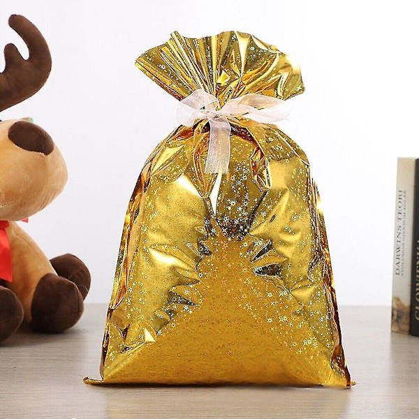 10x Juleposer Genanvendelige Store Julegaveposer Snørepose Gavepose[HK] Guld 29*43cm