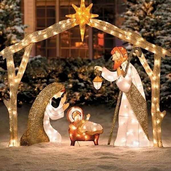 2023 Julekrybbe Lysende LED Julefødsel af Jesus Silhuet med Pinde Udendørs Havehave Lampe Dekoration Julefestival Pynt   A