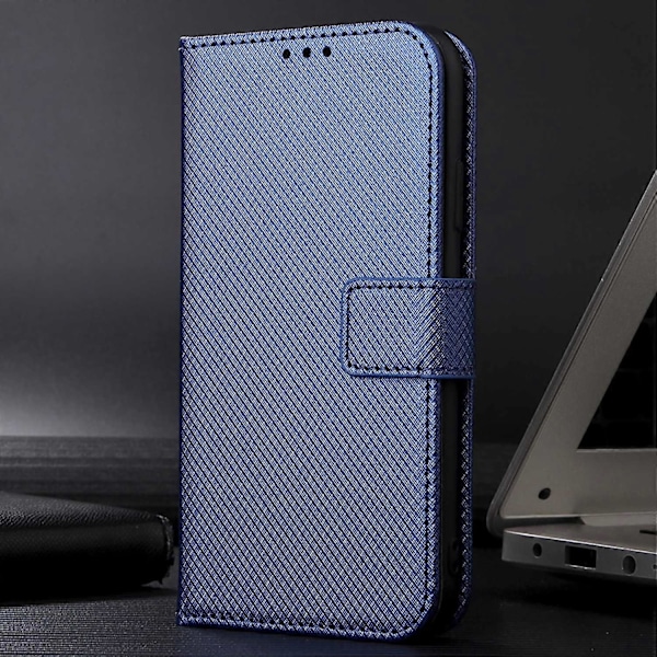 For HTC Desire 22 Pro 5G Fallsikker Telefon Flip Lommebok Etui Sklisikkert Diamanttekstur PU Lærdeksel Stativ Kortholder med Håndleddsstropp[HK] Blue