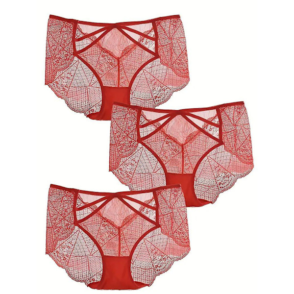 3pack Plus Size Kontrasti Pitsi Keskikorkea Puoliläpinäkyvä Pikkuhousut, Naisten Plus Korkea Joustava Seksikkäät Pikkuhousut 3kpl-punainen-4xl20[HK] Black 1XL14