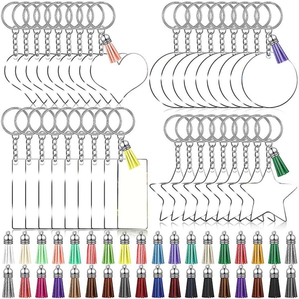 108 stk akryl gjennomsiktig rund stjerne rektangel hjerteform blanke nøkkelring dusk sett