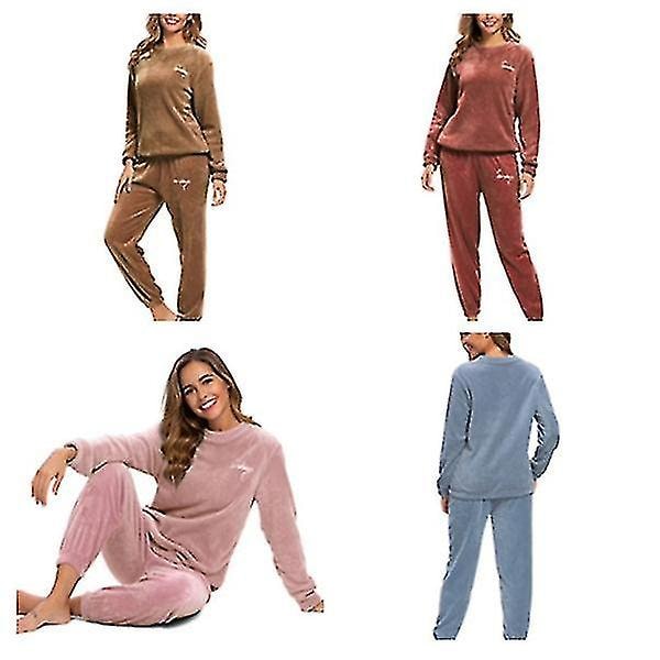 Talviset lämpimät pyjamaset plusfleece-yläosa ja housut pyöreällä kauluksella, pehmeä pyjamasetti -jie[HK] Brown L