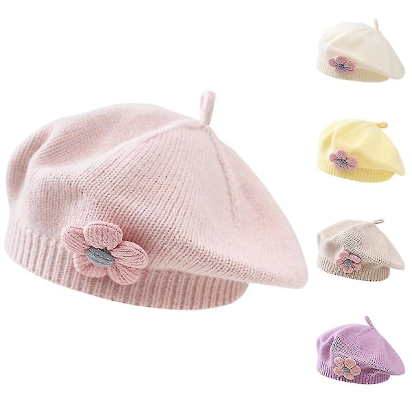 Småbarn Baby Barn Flickor Enkla Vinter Franska Baskrar Hattar Med Blomma Bonnet Hatt Stickad Ull Konstnär Målarmössa[HK] Pink