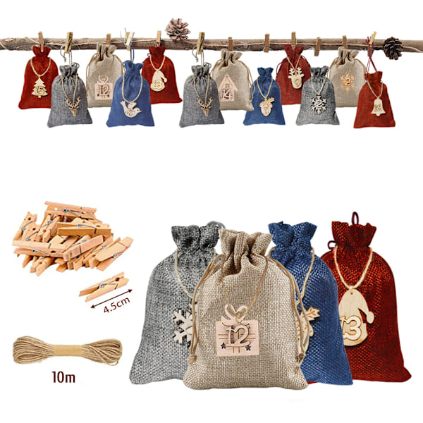 24 Adventskalender for fylling poser DIY Jul Snøring Gavepose med klips og hamp tau for juledekorasjon fest favoriserer[HK]
