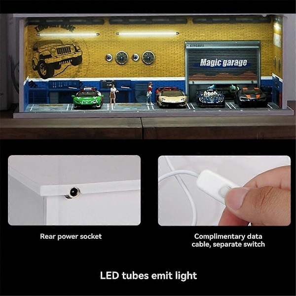 1/64 Diorama Bilgarage Modell LED-belysning Stad Bilutställningslokal Scen för Miniatyrfordon Display Modell Monterad Park[HK] As Shown