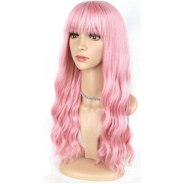 Rosa Peruk med Lugg Lång Vågig Peruk med Luftlugg Silkeslen Full Värmebeständig Peruk Hårersättning Nat[HK] Pink