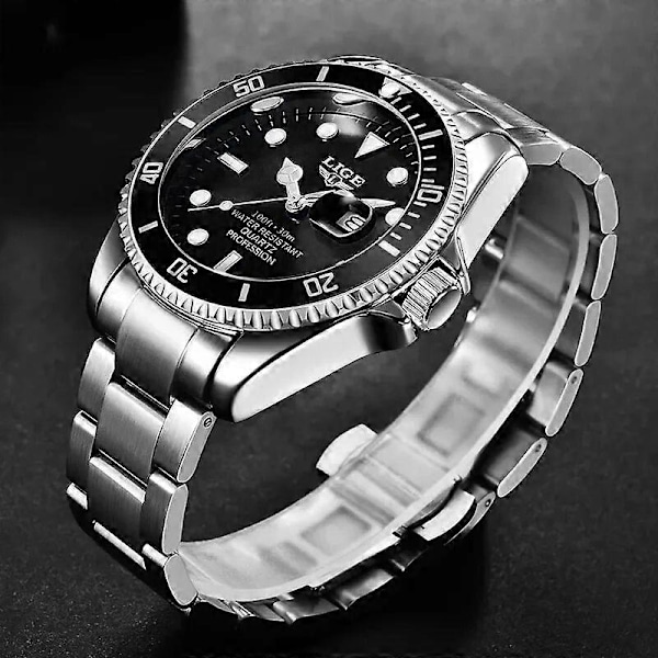 LIGE Toppmärke Lyx Mode Dykarklocka Herr 3ATM Vattentät Datumklocka Sportklockor Herr Quartz Armbandsur Relogio Masculino[HK] Silver blue