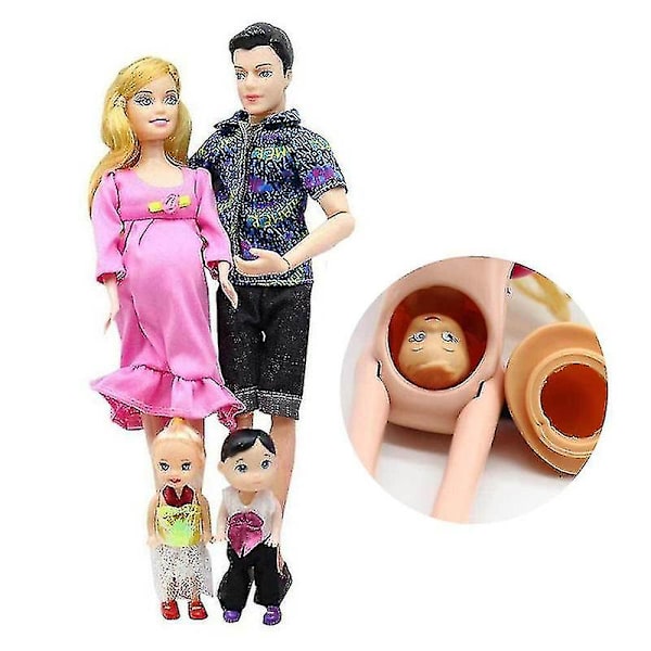Nukkeperhe neljälle tytölle, pienelle pojalle, raskaana olevalle äidille ja isälle Dolly-lapset[HK]