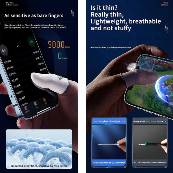 Gaming Finger Sleeves Mobiilipelaamiseen 0,25 mm lasi hopeakuitu saumaton peukalon sormenpään cover Pubg/cod/lol/ros