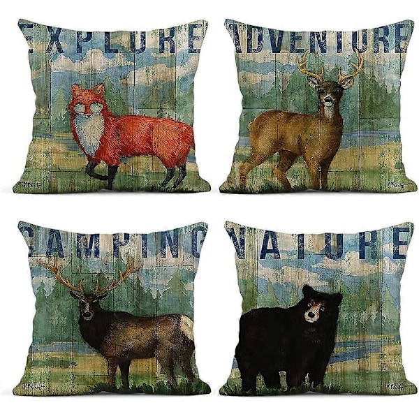 Sett med 4 Lin Putetrekk 45x45 cm Adventure Lodge Natur Dyreliv Hjem Dekor Putetrekk Firkantede Putetrekk for Sofa Seng [HK]