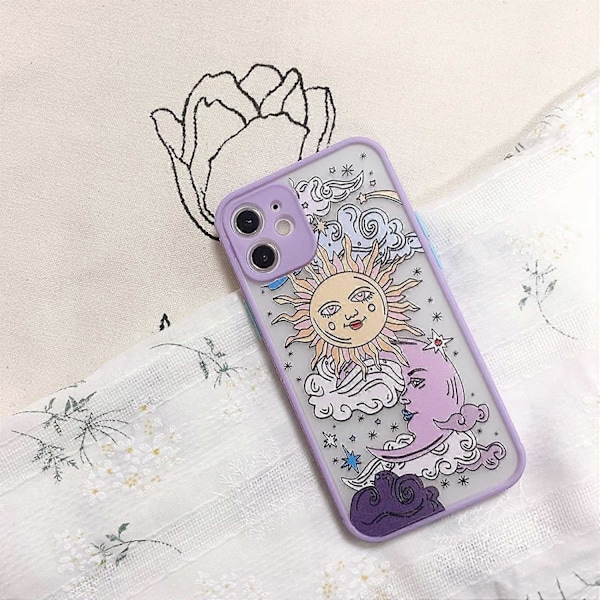 Kompatibelt med iPhone 14 Skal, Klar Frostat PC Baksida 3D Sol Måne Tecknade Figurer Flickor Kvinna och Mjuk TPU Stötfångare Silikon Slim Skal för iPhone [HK] standard Purple