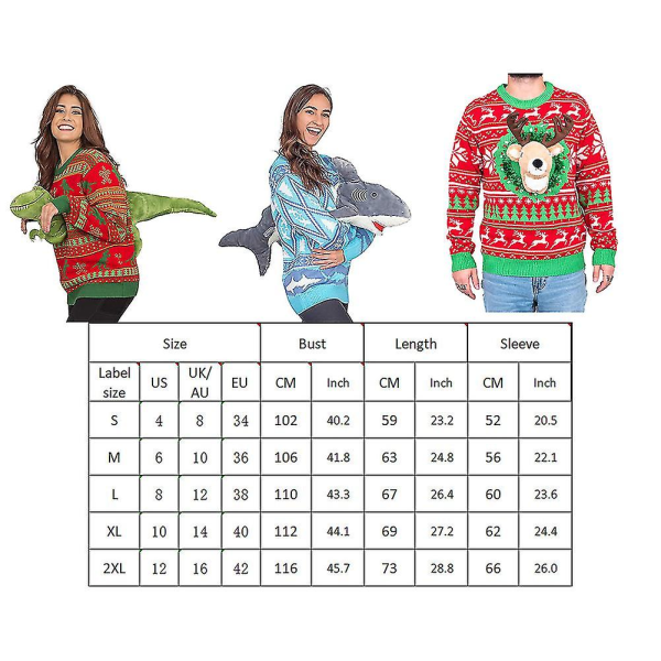 Unisex Ugly Christmas Sweater,nyhed 3d Sød Dinosaur Doll Pullover Sweatere,sjove fester Holiday Jumper Top, Til Kvinder Mænd-yujia[HK] Blue L