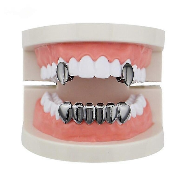 Hip Hop Guld Tänder Grillz Vampyrtänder Silverfärg Tandgrillar Halloween Party Cosplay Tandkapslar Smyckesgåva[HK] silver