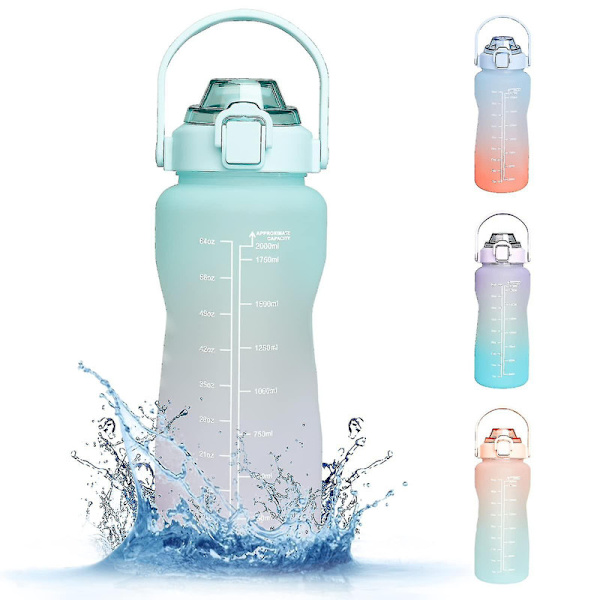 Flaska med Er, 2l flaskor med sugrör Bpa, 2 liters läckagesportflaskor[HK] Blue