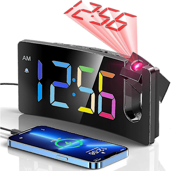 Projektionsväckarklocka, Digital klocka med 180° roterbar projektor, 3-nivås ljusstyrka dimmer[HK] X-colorful Digit