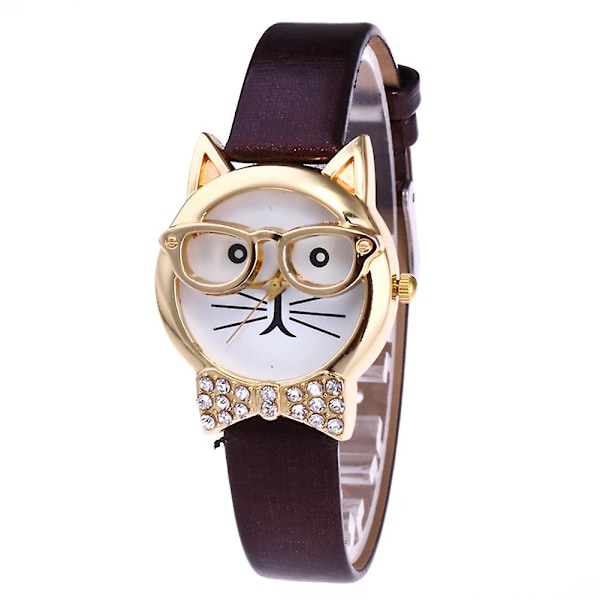 Söt Kattansikte Rund Urtavla Strass Konstläder Analog Quartz Armbandsur[HK] Coffee