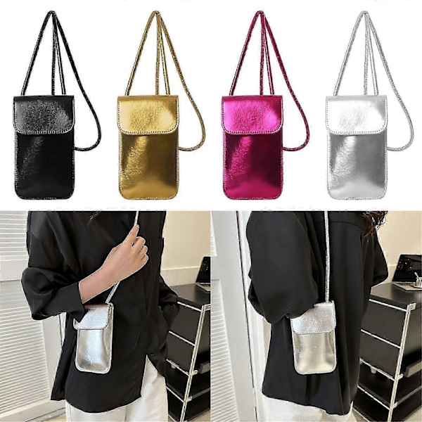 Mini Crossbody Telefonväska Dam Mobiltelefon Axelväska Plånbok Läder Mynt Telefonplånbok Med Axelrem För Resor Silver[HK] Gold