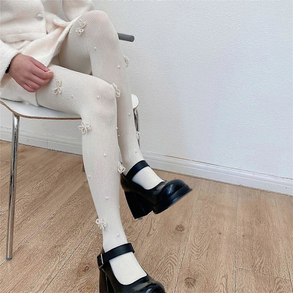Dam Höst Ribbade Opaque Tights Söta Imitationspärlor Rosett Pärlförsedda Tights Lolita Kawaii Enfärgade Leggings Strumpbyxor Clubwear[HK] White