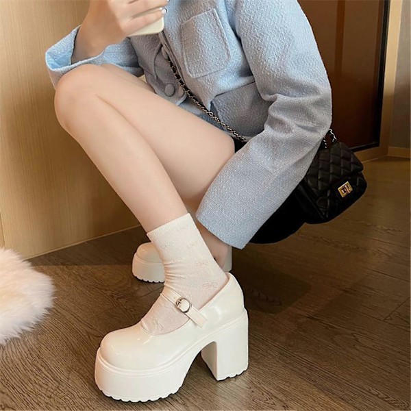 Vintage PU-nahkaiset Mary Jane -kengät, paksu korko, valkoiset Lolita-kengät naisille ja tytöille [HK] Creamywhite 37