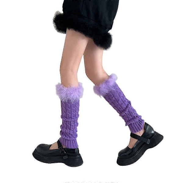 Afslappede benvarmere til kvinder Harajuku Furry Plys Patchwork Fodbetræk Lægsokker[HK] Purple