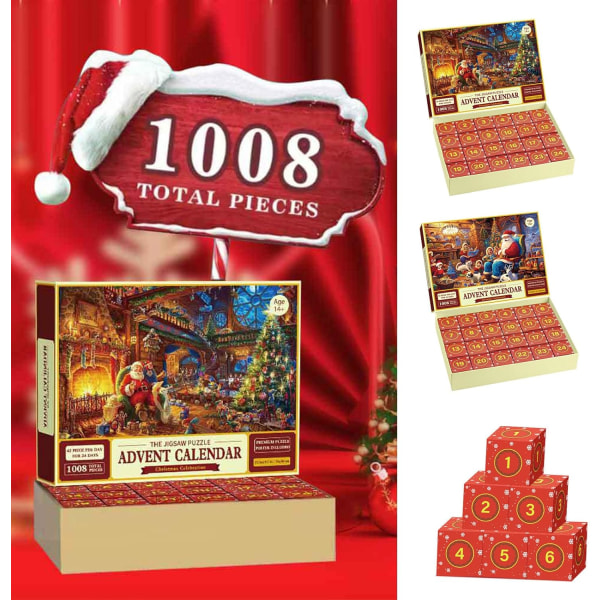 Puslespill adventskalender 2023, 1008 puslespillbrikker 24 dager til jul nedtelling adventskalender Santa Claus
