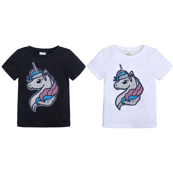 Kids Glitter Unicorn Top Grils Kortærmet T-shirt Børne T-shirt Til Baby Børn Skjorter[HK] Black 90