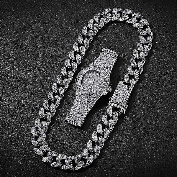 Herre Hip Hop 9\" Armbåndsur & 18\" Iced Out Cuban HalskjedeXD2458-341[HK]