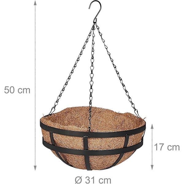 Riippuva kukka-amppeli 3 koria, kookoskuitu sisällä, KxL: 50x31 cm, riippuvat kasvit, sisä- ja ulkokäyttöön, metallirunko, ruskea/musta[HK]