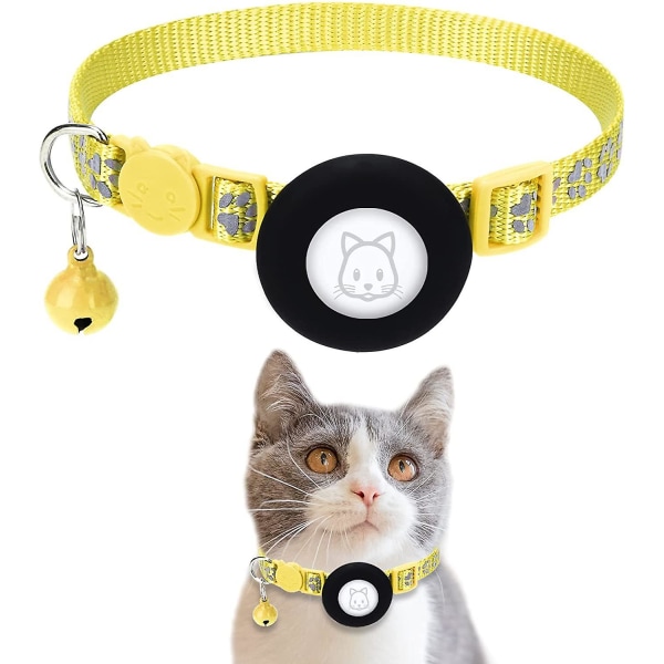 1 st Gul katthalsband med säkerhetsspänne och klocka 1 cm brett reflekterande katthalsband med AirTag -hållare för katt, valp, kattunge([HK])