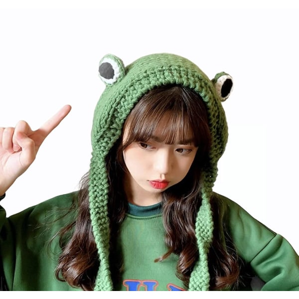 Sweet Frog Hat Animal Beanie with Eyes - Grön Stickad Froggy mössa i ylle för tonåringar Barn Vuxna - Håll dig varm och söt[HK]