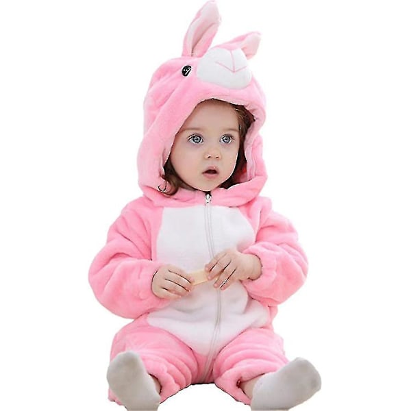 Bran Unisex Baby Romper Cute Warm Stitch Animal Long Sleeves Zipper Thickened Fleece Autumn Winter Children's Clothing[HK] pink 100cm