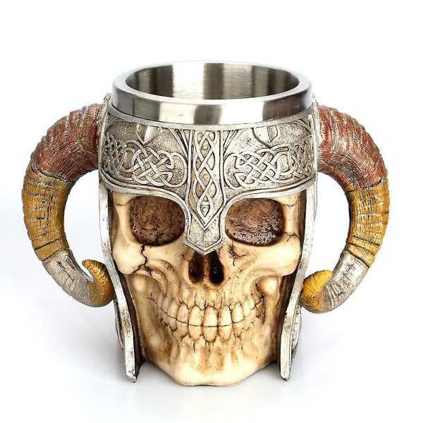 3d Rostfritt stål Skull Cup Viking Ram Horn Warrior Skull Beer Kaffemugg 600ml[HK]