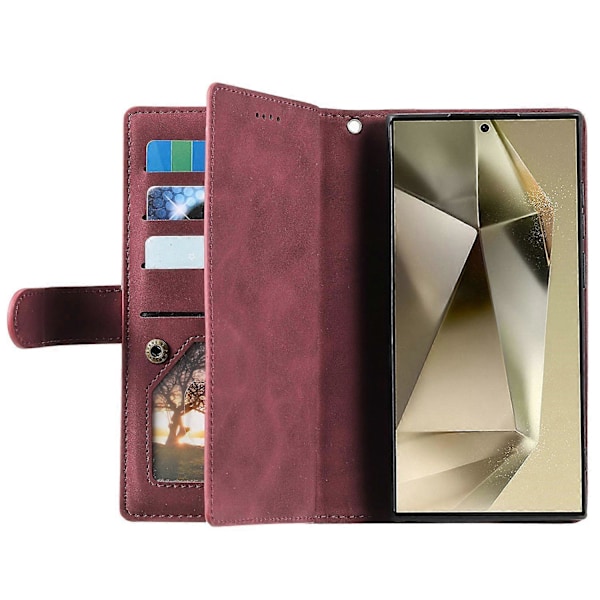 Til Samsung Galaxy S25 Ultra Etui PU Læder Telefon Cover med Lynlås Pung 9 Kort Slots[HK] Style E Multicolor