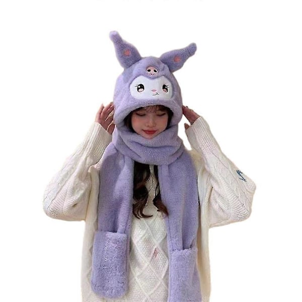 Piger 3 I 1 Kawaii Kuromi Plys Hat Med Halstørklæde Handsker Vinter Udendørs Varme Gaver[HK] Purple