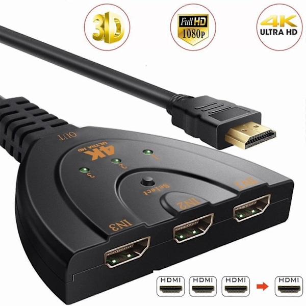 Ny 3 Port HDMI Splitter 1080P/4K HD TV Adapter Kabel 3 IN 1 Ut Ny[HK] B