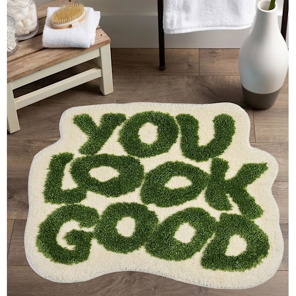 You Look Good -kylpymatto, kylpyhuoneen matto, pehmeä ja imukykyinen mikrokuitu, vihreä, hauska kylpymatto, liukumaton, konepestävä, pörröinen, muhkea, preppy, pieni [HK]