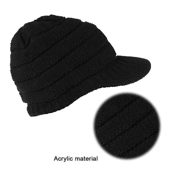 Damstickad vintermössa, pompom-mössa, höst- och vinterstickad mössa med brätte, varm utomhusmössa, med brätte, löst brätte, varm svart.[NC]