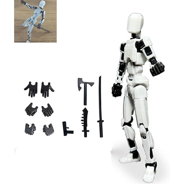 T13 Action Figure, Titan 13 Action Figure med 4 typer av vapen och 3 typer av händer, 3D- printed flerledad rörlig T13 Action Figur[HK] White black